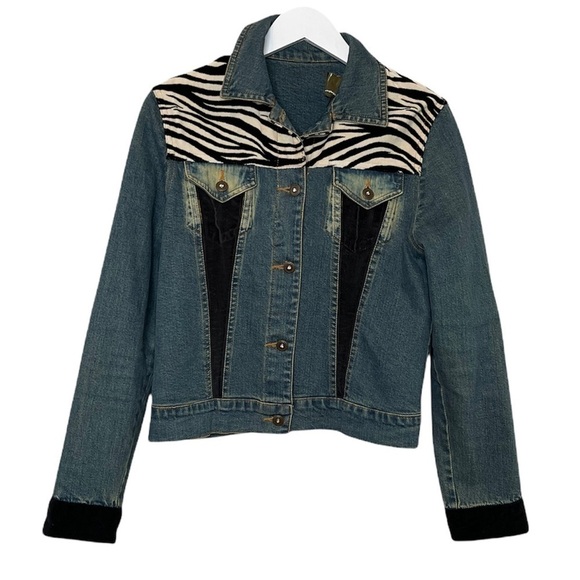 VINTAGE DD New York Jean Jacket w/ Velvet Animal Print Embroidery Size Large - Picture 1 of 10